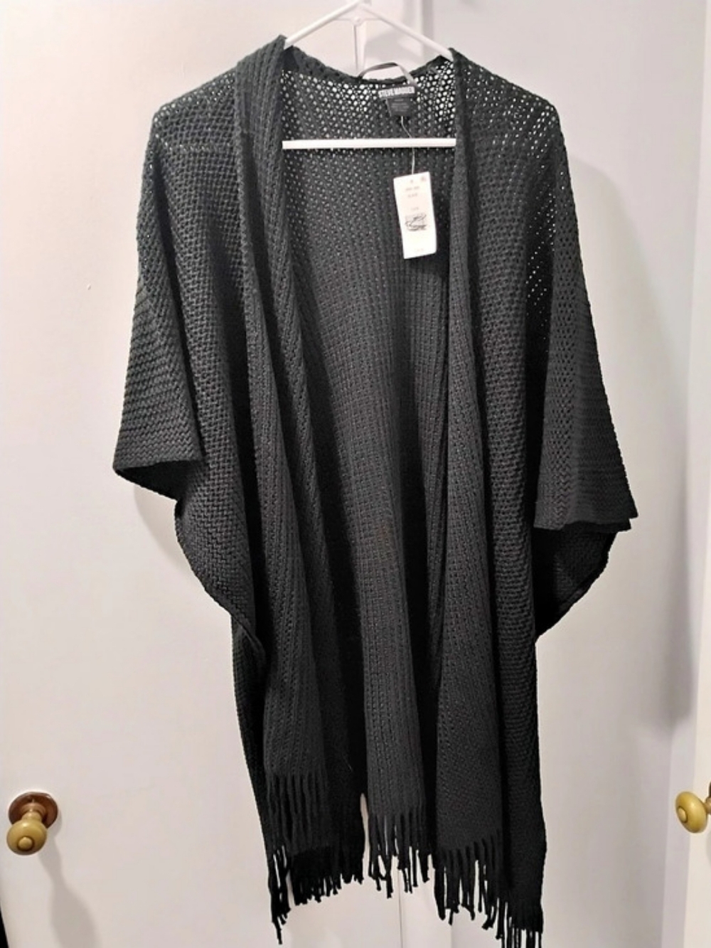 Steve Madden Open Knit Fringe Shrug in Black NWT